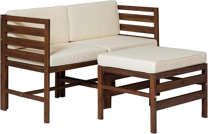 Walker Edison Ravello Contemporary 3 Piece Acacia Wood Outdoor Modular Chat Set with Cushions, Set of 3, Dark Brown