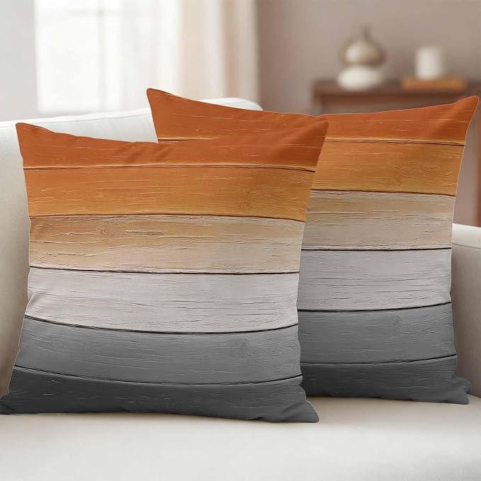 Orange Gray Outdoor Pillow Covers 18x18 Inch Throw Pillow Covers Set of 2 Waterproof Decorative Pillow Cases Farmhouse Retro Gradient Wooden Grain Cushion Covers for Patio Furniture Garden Couch Sofa