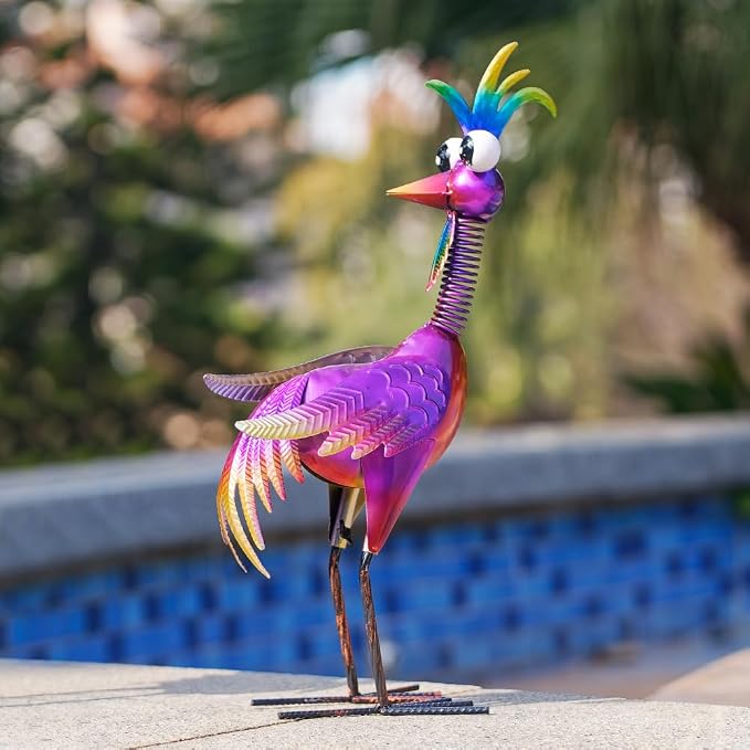 Metal Wacky Rooster Garden Statue for, Patio, Backyard, Lawn | 19'' Rooster Decor, Yard Statue Decorations Outdoor, Chicken Yard Art, Purple