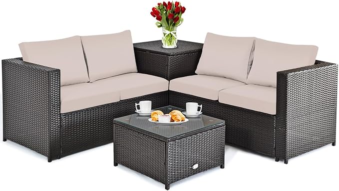 DORTALA 4 Pieces Outdoor Patio Furniture Set, Weather Resistant PE Rattan Conversation Set with 2 Loveseats, Outdoor Sectional Sofa Set with Comfy Cushions for Garden and Poolside, Brown