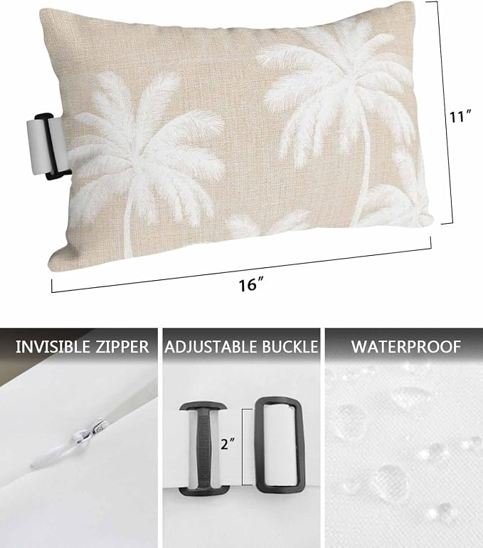 Pack of 2 Outdoor Lumbar Pillow Covers 11x16 Inch, Beige Palm Trees Waterproof Throw Pillow Covers Set, Farmhouse Tropical Summer Beach Indoor&Outdoor Decorative Cushion Cases for Patio Porch Car