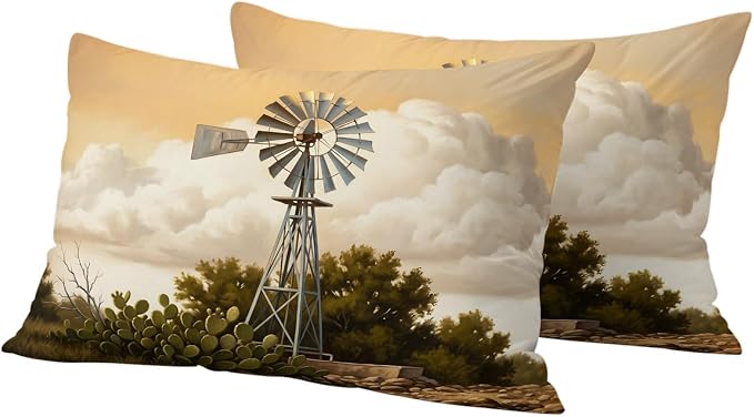 Windmill Outdoor Pillow Covers 20"x12" Set of 2, Windmill Farmhouse Sunset Field Trees Rustic Waterproof Throw Pillow Covers for Patio Furniture, Decorative Cushion Covers for Porch