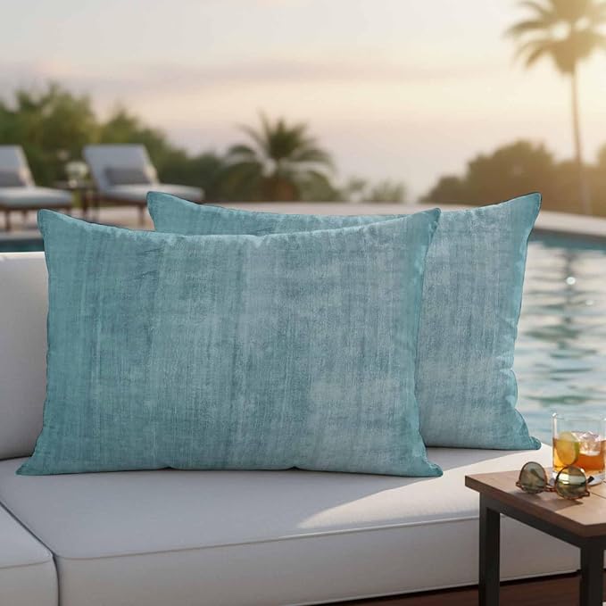 Vandarllin Outdoor Throw Pillows Covers 20x12 inch Set of 2 Waterproof Turquoise Linen Decorative Zippered Cushion Covers for Patio Furniture, Solid Color Texture Lumbar Pillowcases