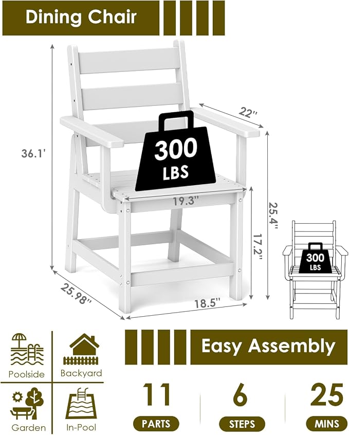 GREENVINES Patio-Chair | Outdoor Dining Chairs Set of 2 | HDPE Plastic | Removable Armrests | All Weather | for Backyard Deck Poolside Garden | White
