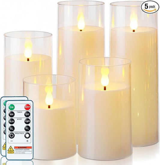 Homemory Ivory White Flickering Flameless Candles, Battery Operated Acrylic LED Pillar Candles with Remote Control and Timer, Set of 5
