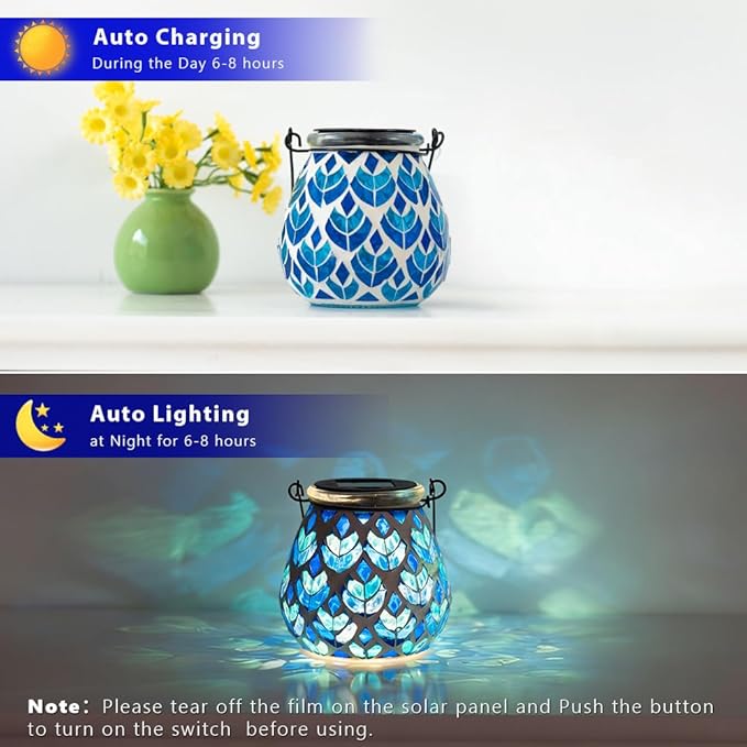 Stargarden 2Pack Mosaic Solar Lanterns, Blue Glass Hanging Lantern Waterproof Outdoor Hanging Solar Lights Table Lamp for Garden ,Patio,Yard Decor