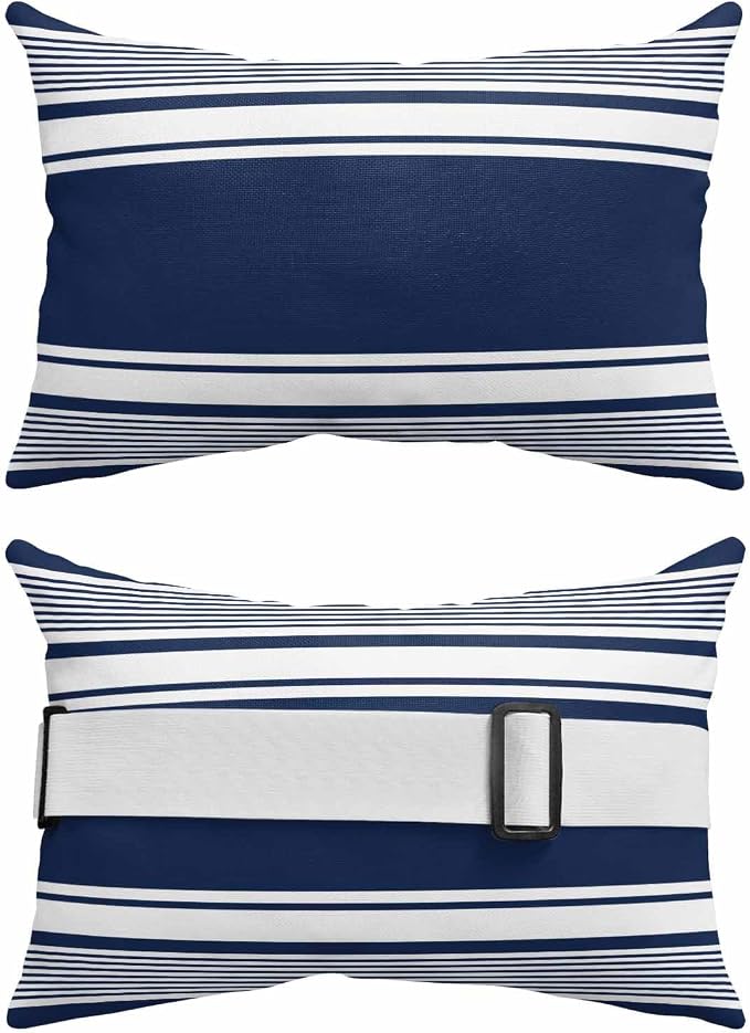 Outdoor Lumbar Pillow Set of 2, Farmhouse Navy Blue Waterproof Beach Headrest Pillow with Inserts, Farmhouse Blue Line Striped Recliner Throw Pillows for Patio Furniture, 12 x 20