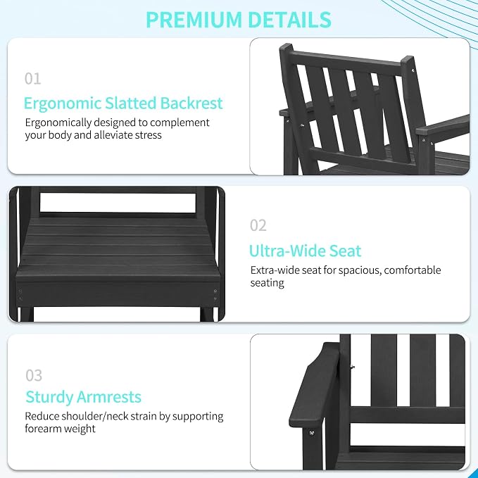 HDPE Outdoor Chairs, All-Weather Patio Dining Chair with Backrest and Armrest, 300 lbs Support Heavy Duty Outdoor Chair Patio Furniture for Garden, Deck, Porch, Black