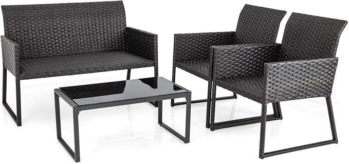 Tangkula 4 Pieces Wicker Patio Furniture Set with Quick Dry Foam, Patiojoy All Weather Resistant Outdoor Conversation Set, for Backyard, Poolside, Deck, Balcony, Garden (1, Mix Brown)