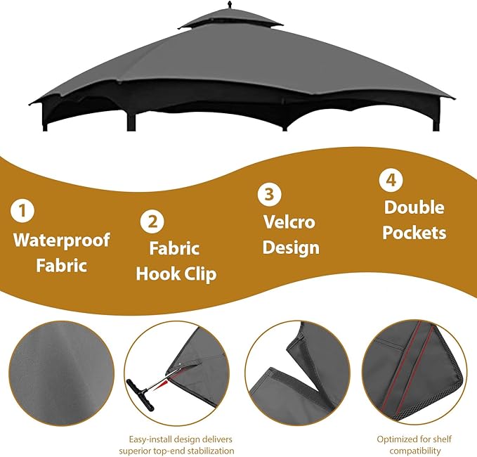 Coastshade Replacement Gazebo Canopy Top for Lowe's Allen Roth Heavy Duty Roof Gazebos Top with Mesh,10x12 Gazebo Cover #GF-12S004B-1, Replacement Top Only (Gray)