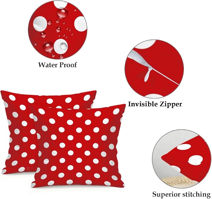 16x16 Inch Outdoor Pillow Covers Set of 2 Waterproof Throw Pillow Covers Decorative Couch Cushion Covers Red Polka Dot Square Pillowcases Protectors for Patio Garden Sofa