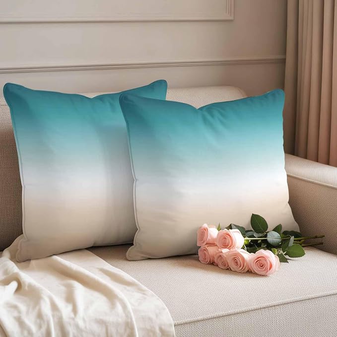 Outdoor Pillow Covers Set of 2, Teal to Khaki Gradient Art Decorative Throw Pillow Covers 16X16IN, Turquoise Watercolor Style Throw Pillows Protector Cushion Case for Patio,Couch,Sofa,Garden