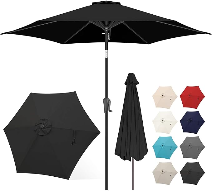 FLAME&SHADE 10ft Patio Umbrella - Outdoor Umbrella with 6 Sturdy Ribs, Push Button Tilt and Crank, UV Protection Table Market Umbrella for Pool, Porch，Garden, Deck, Backyard(Black)