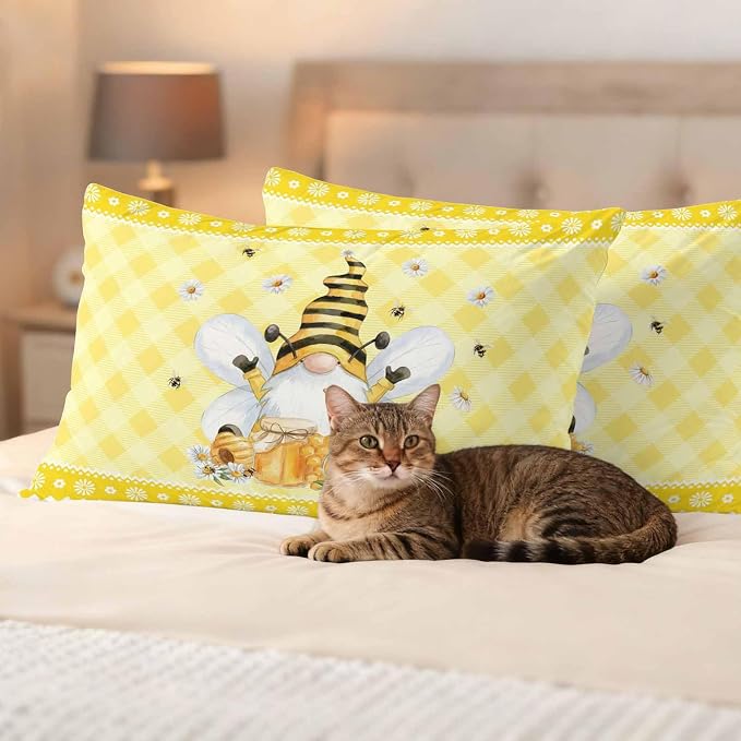 Yukro Honey Gnome Outdoor Waterproof Pillow Covers Pack of 2, Watercolor Honey Bees Floral Yellow Plaid Decorative Throw Pillowcases Cushion Covers for Garden Patio Tent Sofa Couch, 20x12 inch