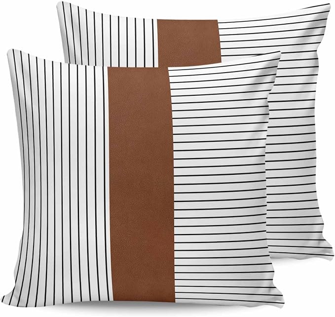 Outdoor Waterproof Throw Pillow Covers 24x24in, Boho Mid Century Cushions for Garden Patio Furniture Chairs Set of 2, Stripe and Leather Texture Home Decor Couch Sofa Polyester Pillow Cases
