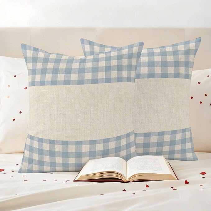 Retro Blue Outdoor Waterproof Pillow Covers, Farmhouse Buffalo Plaid Vintage Beige Decorative Square Throw Pillowcase Sofa Cushion Sham for Patio/Couch/Chair, 16"x16" 2 Pack