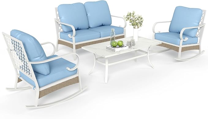 MIXPATIO 4 Piece Patio Furniture Set, 2 x Rocking Chair, 1 x 2-Seat Sofa with Marbling Coffee Table, All Cushioned 4 Seats Outdoor Conversation Set for Lawn Garden Backyard, Blue