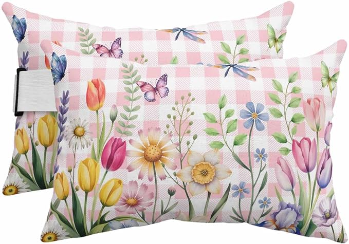 Wildflowers Outdoor Recliner Pillows for Head, Waterproof Chair Pillow with Elastic Stripe, Spring Watercolor Tulip Floral Leaf Pink Plaid Chaise Lounge Headrest Pillow for Patio/Beach 2Pack, 11"x16"
