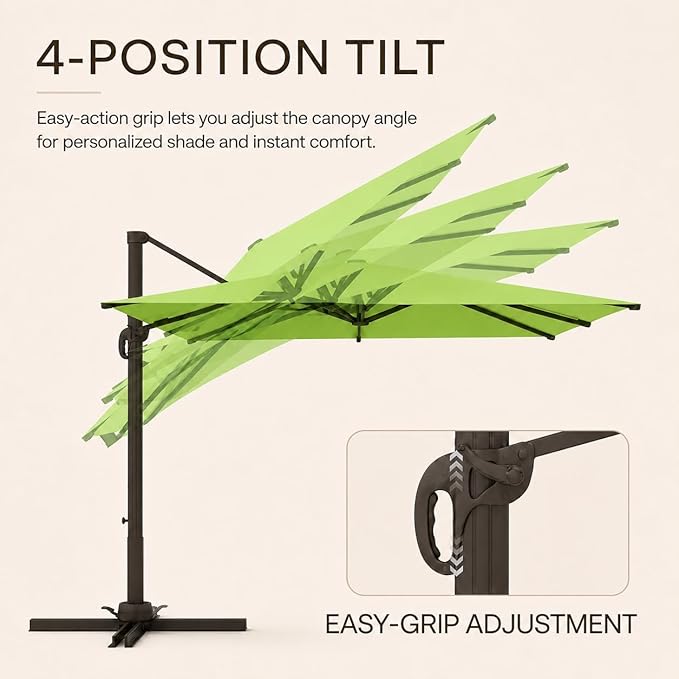 Kingdura 10x10 FT Cantilever Patio Umbrella with Base Included, Large Square Aluminum Offset Outdoor Pool Umbrella, 360° Rotation & 4-Position Tilt, UV Protection for Deck Backyard (Apple green)