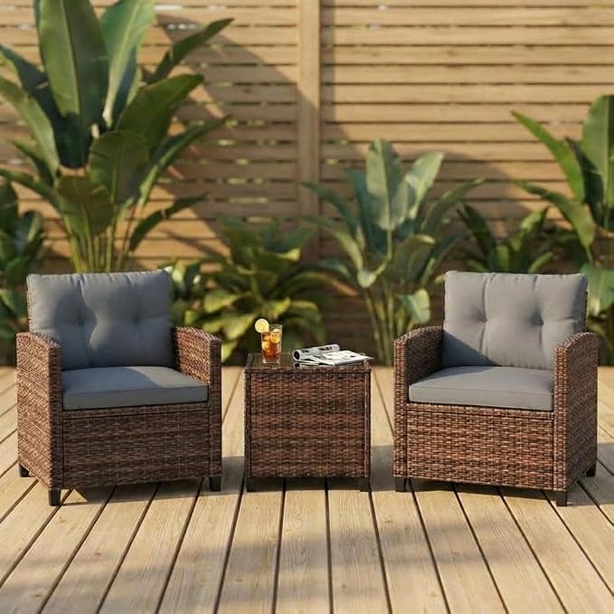 Garvee 3 Piece PE Rattan Patio Furniture Set, Outdoor Chairs and Table Set with Tempered Glass Tabletop and Cushions, Patio Conversation Set for Patio, Balcony, Poolside, Brown and Grey