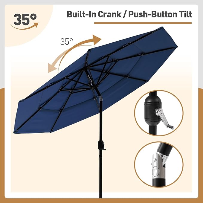11FT 3 Tiers Patio Umbrella for Outside, Outdoor Umbrella with Solar LED Lights, Market Patio Table Umbrella with 8 Sturdy Ribs, Pool Umbrella for Garden, Pool, Backyard, Navy Blue