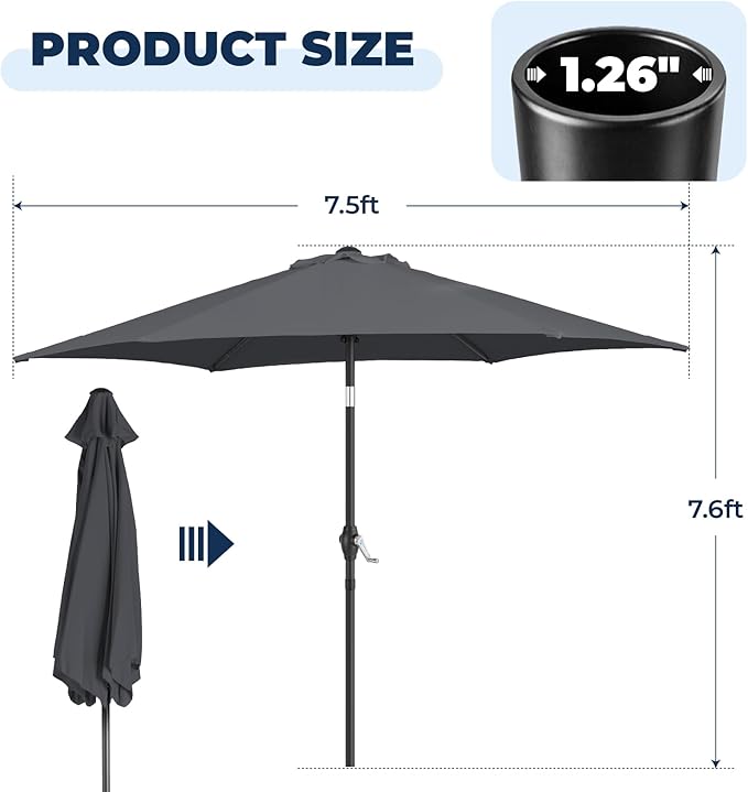 Outdoor Patio Umbrella, 7.5ft Sun Umbrella with Tilt Adjustment and Crank, 6 Ribs Outdoor Umbrellas for Patio, Deck, Garden，Yard, Poolside