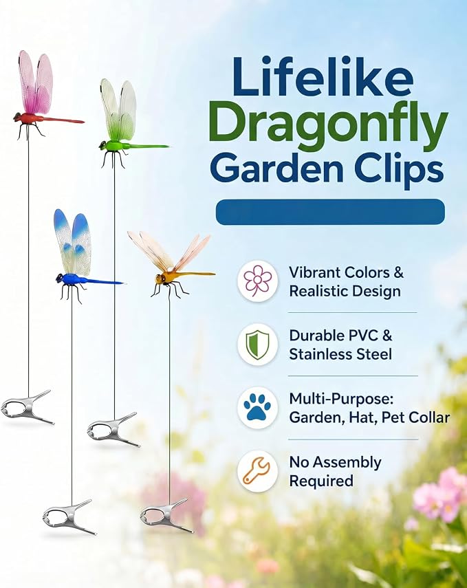 8 Pack Dragonfly Decoy Clips, 3D Realistic Wingman for Outdoor Garden, Nature-Inspired Visual Deterrent for Wasps, Flies and Bees, Clip-on Decoration for Hats, Backpacks and Patio
