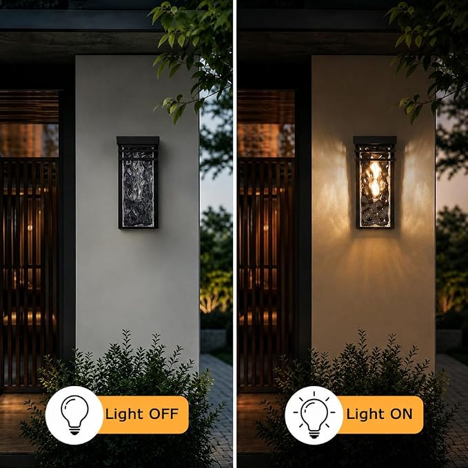 Modern Outdoor Wall Sconce Exterior Porch Light Fixture for House | 12 in. Black, Water Seeded Glass, Open Bottom, Waterproof Patio Lighting, 1 Pack