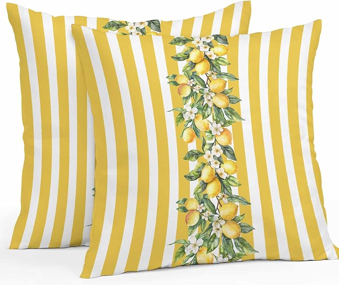 Yellow Lemon Stripes Waterproof Outdoor Pillow Covers Set of 2 Home Decor, Summer Spring Fruit Flowers Leaves Pillowcase Patio Pillow Covers for Couch Bench Furniture Garden 20x20in