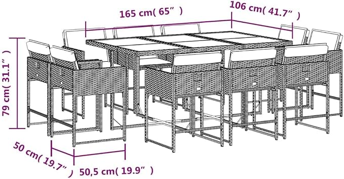 11 Piece Patio Dining Set with Cushions Gray Poly Rattan Outdoor Table and 10 Folding Chairs for Garden Backyard Porch Dining Comfortable Seating Acacia Wood Top UV Protection 242.5lb Capacity