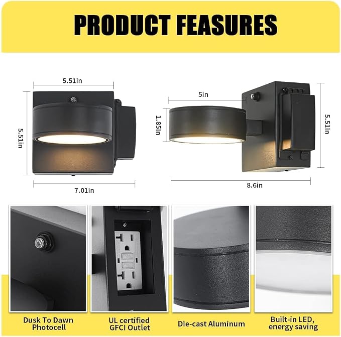 Porch Lights with GFCI Outlet, Dusk to Dawn Outdoor Wall Light with Outlet, LED Aluminum Exterior Light Fixture Waterproof, Outside Lights for House, Front, Door, Patio, Garage