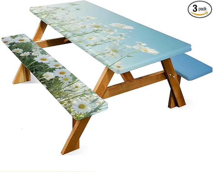ANNA QUEEN Blue Daisy 6FT Picnic Table Cover Set, 3PCS 72"x30" Floral Tablecloth and Bench Covers, Waterproof Camping Spring Wedding & Garden Party Decor