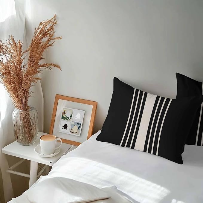 Vandarllin Outdoor Throw Pillows Covers 20x12 inch Set of 2 Waterproof Black Stripes Decorative Zippered Cushion Covers for Patio Furniture, Classic Striped Linen Lumbar Pillowcases