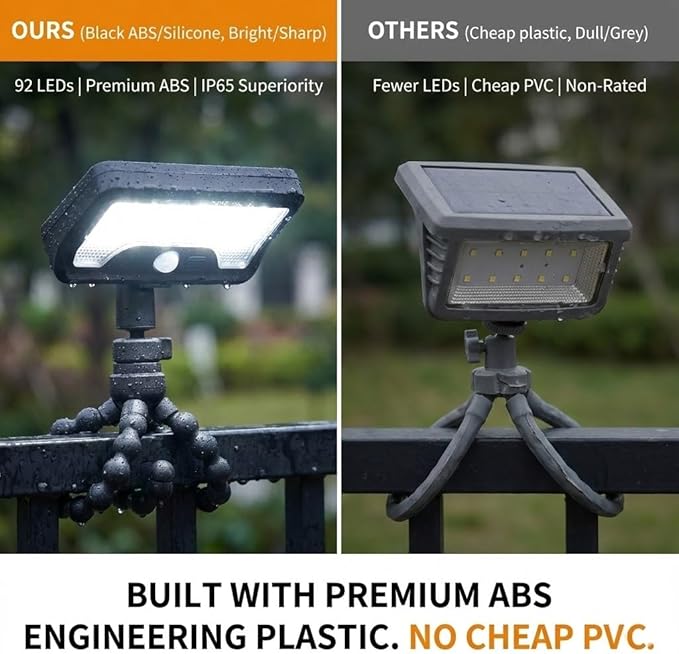 Solar Motion Lights Outdoor with 360° Flexible Tripod USB and Solar Powered 92 LED Super Bright 600LM Motion Sensor Light IP65 Waterproof for Fence Yard Patio Garden RV Camping (1)