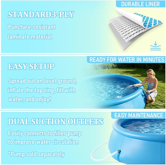 10FTx30In Inflatable Swimming Pool, Large Family Summer Pool for Garden/Lawn, Reusable Water Pool for Backyard Water Fun