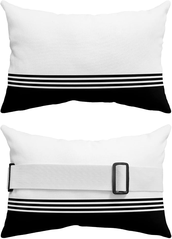 Outdoor Pillows Covers with Inserts Modern Art Black White Simple Striped Farmhouse Waterproof Pillow with Adjustable Strap Throw Pillows for Patio Furniture Recliner Lounge Chair, 12x20 inch, 1PCS