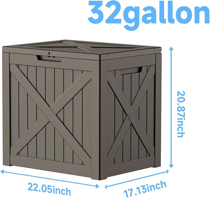 Deck Box Large Outdoor Storage for Patio Furniture,Outdoor Cushions,Garden Tools and Pool Supplies,Waterproof,Resin,Lockable (Grey, 32 Gallon)