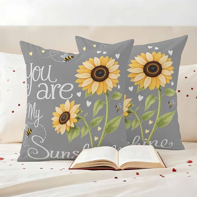 Outdoor Pillow Covers Letters You are My Sunshine Decorative Throw Pillow Covers, Pastoral Sunflowers on Gray Throw Cushion Case with Zipper for Patio,Couch,Sofa,Garden 18x18in Set of 2