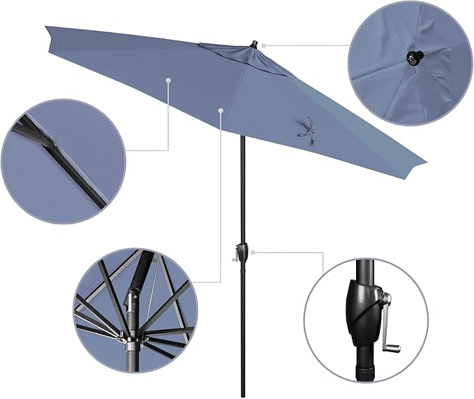California Umbrella 12-Year Protection 9' Rd Aluminum Patio Umbrella, Crank Lift, Auto Tilt, Black Finish, Sunbrella Air Blue