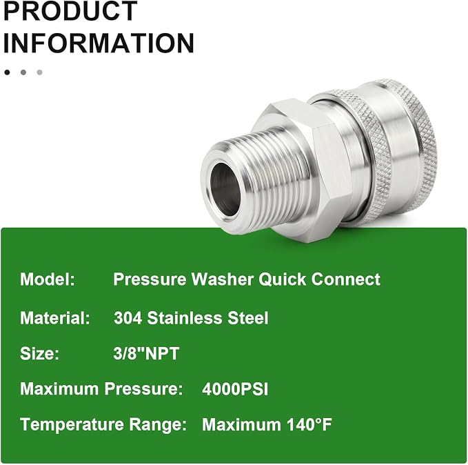 TAISHER 8PCS 304 Stainless Steel 3/8" Male NPT High Pressure Washer Quick Connect Coupler for Pressure Washing Gun Hose Accessories