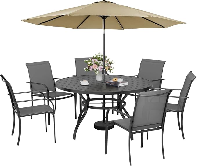 Incbruce 8 PCS Patio Dining Set with Brown Umbrella, Outdoor Dining Set of 6 Textilene Chairs and 53" Round Table with Umbrella Hole for Backyard, Garden, and Poolside (Grey)