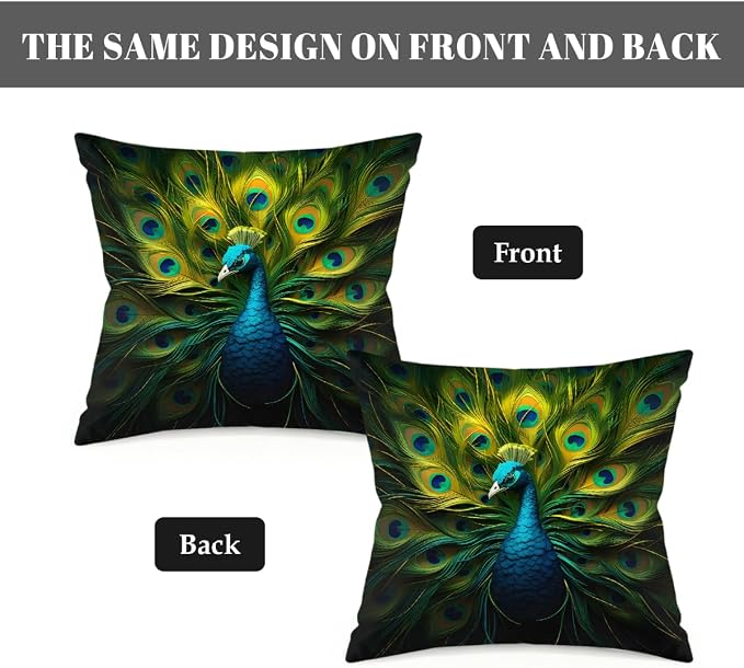 16x16 Inch Outdoor Pillow Covers Set of 2 Waterproof Throw Pillow Covers Decorative Couch Cushion Covers Green Peacock,Animal Square Pillowcases Protectors for Patio Garden Sofa