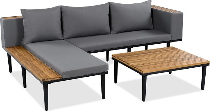 Luxury 4-Piece L-Shaped Outdoor Patio Sofa Set with Acacia Wood Side & Coffee Table, Removable Cushions & Pillows, Metal Frame, Comfortable Modular Conversation Sectional for Backyard, Porch, Gray