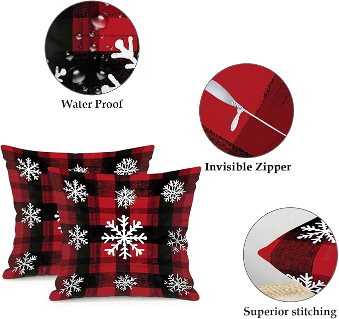 16x16 Inch Outdoor Pillow Covers Set of 2 Waterproof Throw Pillow Covers Decorative Couch Cushion Covers Buffalo Plaid Snow Square Pillowcases Protectors for Patio Garden Sofa