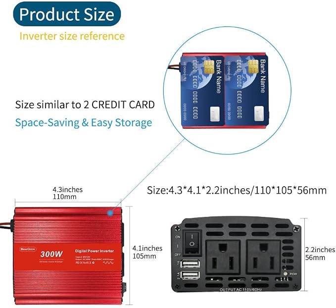 Car Power Inverter 300W Power Inverter for Car, Car Inverter Power Outlet DC 12V to 110V AC Converter Outlet Charger with one USB Charger and one Type-C for Phone, iPad, Laptop, Camera, Camping, etc