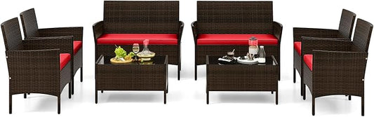 Tangkula 8 Piece Patio Rattan Conversation Set, Outdoor Wicker Furniture Set with Chair, Loveseat & Tempered Glass Table, Cozy Seat Cushions, Outside Sectional Sofa Set for Backyard, Porch (2, Red)