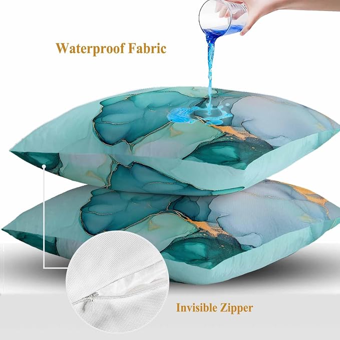 Abstract Teal Outdoor Waterproof Throw Pillow Covers Set of 2, 24"x24", Blue Gold Marble Natural Stone Cracks Modern Decorative Pillow Covers Outside Cushion Case for Patio Porch Garden