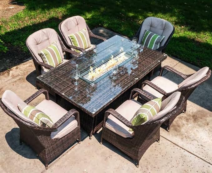 Abrihome® 7 Piece 6-Seat PE Rattan Wicker Outdoor Patio and Garden Rectangular Fire Pit Dining Table Set (Glass Tabletop)