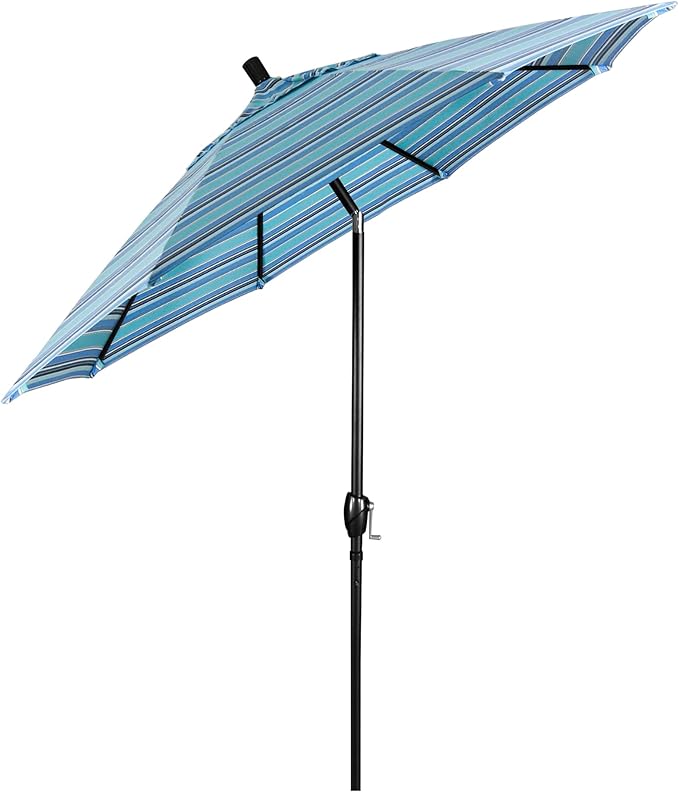 California Umbrella 9' Round Aluminum Market Umbrella, Crank Lift, Push Button Tilt, Black Pole, Sunbrella Dolce Oasis
