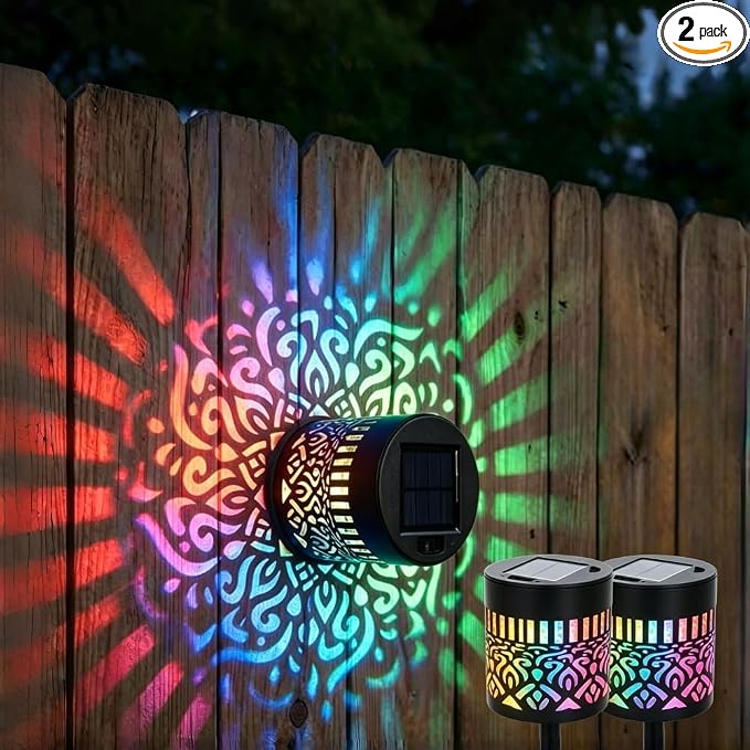 Decorative Solar Mandala Lights, Metal Solar Powered Outdoor Wall Lights Solar Powered Deck Step Stair Light, Waterproof Mandalas Fence Light for Garden Yard Backyard Post Patio Decor (2, Flower)